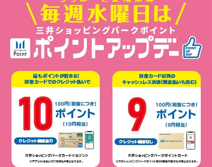 《4.3‐6.26》ららぽーと愛知東郷店 【毎週水曜日】三井ショッピングパークポイント ポイントアップデー！